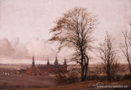 Paisaje otoñal, Castillo de Frederiksborg en la media distancia Paisaje otoñal, Castillo de Frederiksborg en la media distancia