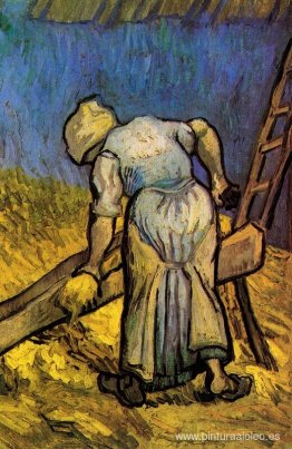 Mujer campesina cortando paja después de mijo Mujer campesina cortando paja después de mijo