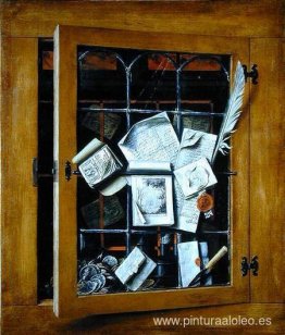 Un trompe l'oeil de una puerta de armario acristalada abierta, c Un trompe l'oeil de una puerta de armario acristalada abierta, c