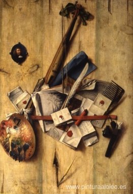 Trompe l'oeil con violín, instrumentos de pintor y autorretrato. Trompe l'oeil con violín, instrumentos de pintor y autorretrato.