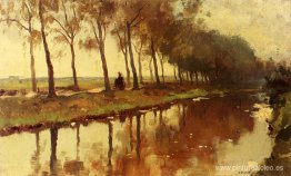 Una campesina en un camino a lo largo de un canal Una campesina en un camino a lo largo de un canal