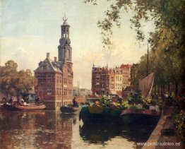 El mercado de flores en el Singel, Ámsterdam, con el Munttoren m El mercado de flores en el Singel, Ámsterdam, con el Munttoren m