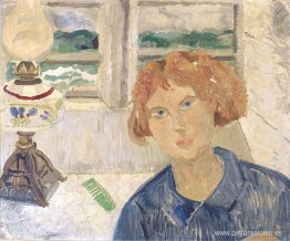 Chica y lámpara en una ventana de Cornualles Chica y lámpara en una ventana de Cornualles