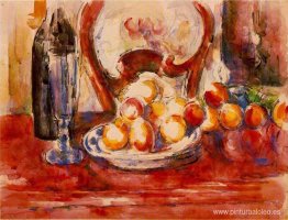 Naturaleza muerta con manzanas, una botella y un respaldo de sil Naturaleza muerta con manzanas, una botella y un respaldo de sil