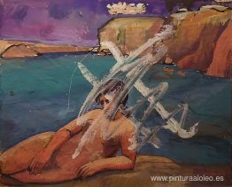 Mujer desnuda en un paisaje costero. Mujer desnuda en un paisaje costero.