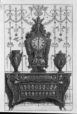 Cómoda con motivos de rombos, sobre un reloj y dos jarrones deco Cómoda con motivos de rombos, sobre un reloj y dos jarrones deco