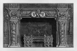 Chimenea: escenario tres máscaras en el friso entre dos medallon Chimenea: escenario tres máscaras en el friso entre dos medallon