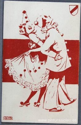 Figuras rojas y blancas y pequeño escudo. Figuras rojas y blancas y pequeño escudo.