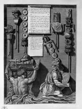 Águilas, carteles, estandartes y dos legionarios en el vado de u Águilas, carteles, estandartes y dos legionarios en el vado de u