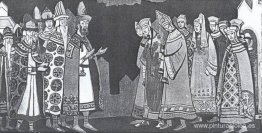 La escena con los dos grandes grupos de figuras disfrazadas. La escena con los dos grandes grupos de figuras disfrazadas.