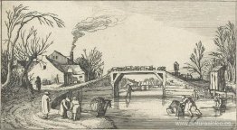 Paisaje con patinadores en un puente con ovejas. Paisaje con patinadores en un puente con ovejas.