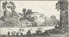 Paisaje con ruinas y pastores con ovejas. Paisaje con ruinas y pastores con ovejas.