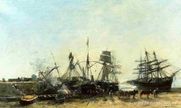 El puerto Portrieux durante la marea baja descargando pescado El puerto Portrieux durante la marea baja descargando pescado