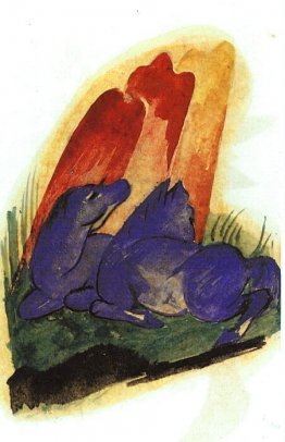 Dos caballos azules frente a un Roc rojo Dos caballos azules frente a un Roc rojo