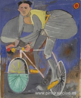 Ciclista disfrazado (con traje tradicional griego) y un templo e Ciclista disfrazado (con traje tradicional griego) y un templo e