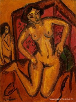 Desnudo femenino arrodillado ante una pantalla roja Desnudo femenino arrodillado ante una pantalla roja