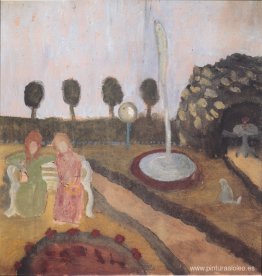Dos mujeres en el jardín con fuente. Dos mujeres en el jardín con fuente.