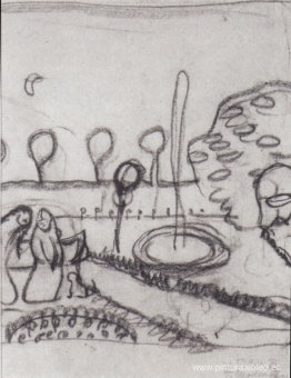 Dos mujeres en el jardín con fuente. Dos mujeres en el jardín con fuente.