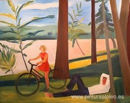 Maine, niña con bicicleta y hombre yacente. Maine, niña con bicicleta y hombre yacente.
