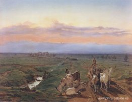 Paisaje nocturno con rebaño de cabras. Paisaje nocturno con rebaño de cabras.