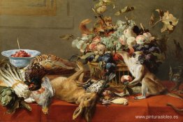 Naturaleza muerta con frutas, caza muerta, verduras, un mono viv Naturaleza muerta con frutas, caza muerta, verduras, un mono viv