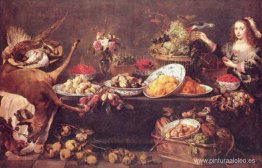 Bodegón grande con dama y loro. Bodegón grande con dama y loro.