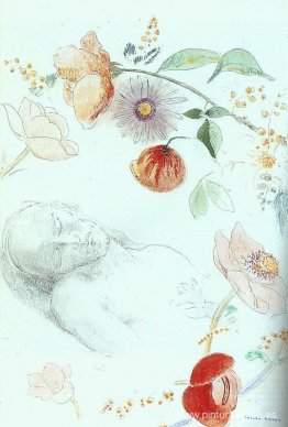 Busto de hombre dormido entre flores Busto de hombre dormido entre flores