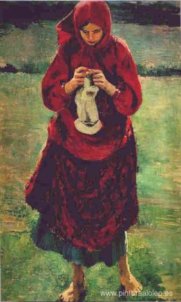 Chica campesina tejiendo una media Chica campesina tejiendo una media