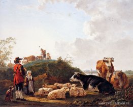 Pastor con ganado en reposo Pastor con ganado en reposo