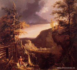 Daniel Boone sentado en la puerta de su cabaña en el gran lago O Daniel Boone sentado en la puerta de su cabaña en el gran lago O