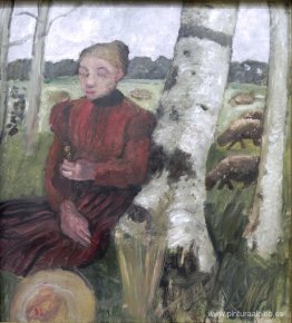 Chicas en el abedul y rebaño de ovejas al fondo Chicas en el abedul y rebaño de ovejas al fondo