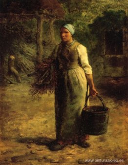 Mujer cargando leña y un cubo Mujer cargando leña y un cubo