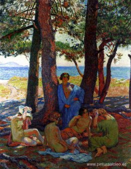 Bañistas bajo los pinos junto al mar Bañistas bajo los pinos junto al mar