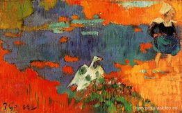 Mujer bretona y ganso junto al agua. Mujer bretona y ganso junto al agua.