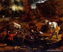 Figuras con un carro y caballos vadeando un arroyo. Figuras con un carro y caballos vadeando un arroyo.