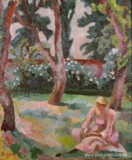 Huerto, mujer sentada en un jardín. Huerto, mujer sentada en un jardín.