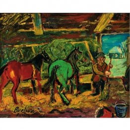 Caballos rojos y verdes en un establo. Caballos rojos y verdes en un establo.