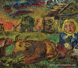 Mujer con bufanda amarilla y vaca. Mujer con bufanda amarilla y vaca.