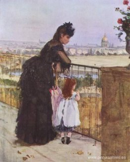 Mujer y niño en el balcón. Mujer y niño en el balcón.