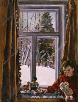 Katya con una muñeca junto a la ventana. Katya con una muñeca junto a la ventana.