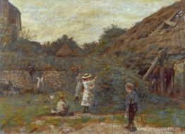 Escena en un corral con niños recogiendo fruta Escena en un corral con niños recogiendo fruta
