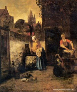 Dos mujeres con un niño en el tribunal Dos mujeres con un niño en el tribunal