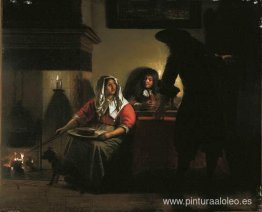 Interior con dos caballero y una mujer junto a un fuego Interior con dos caballero y una mujer junto a un fuego