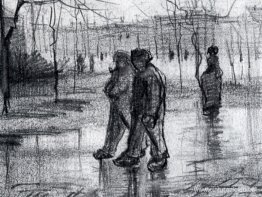 Un jardín público con gente caminando bajo la lluvia Un jardín público con gente caminando bajo la lluvia