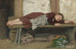 Niña dormida en un banco de madera Niña dormida en un banco de madera