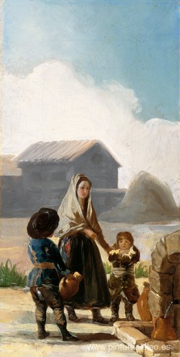 Una mujer y dos niños junto a una fuente. Una mujer y dos niños junto a una fuente.