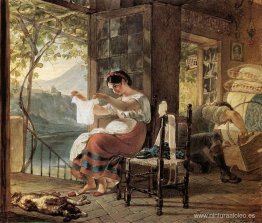 Italiana, esperando un hijo, mirando su camisa, su marido improv Italiana, esperando un hijo, mirando su camisa, su marido improv