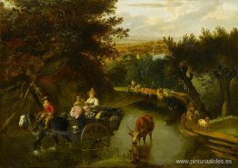 Un paisaje boscoso con campesinos en un carro tirado por caballo Un paisaje boscoso con campesinos en un carro tirado por caballo