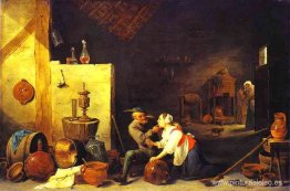 Un viejo campesino acaricia a una cocinera en un establo Un viejo campesino acaricia a una cocinera en un establo