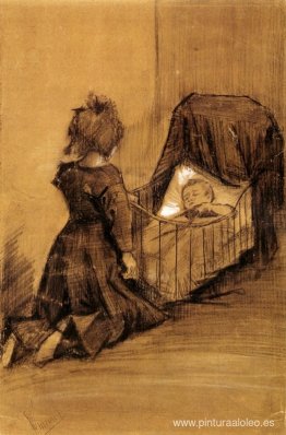 niña arrodillada junto a una cuna niña arrodillada junto a una cuna